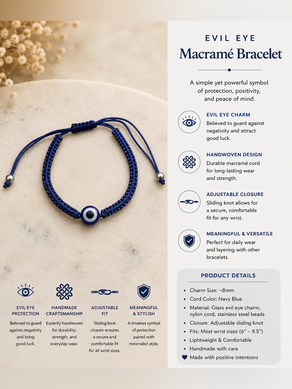 Navy Blue Evil Eye Macramé Bracelet
